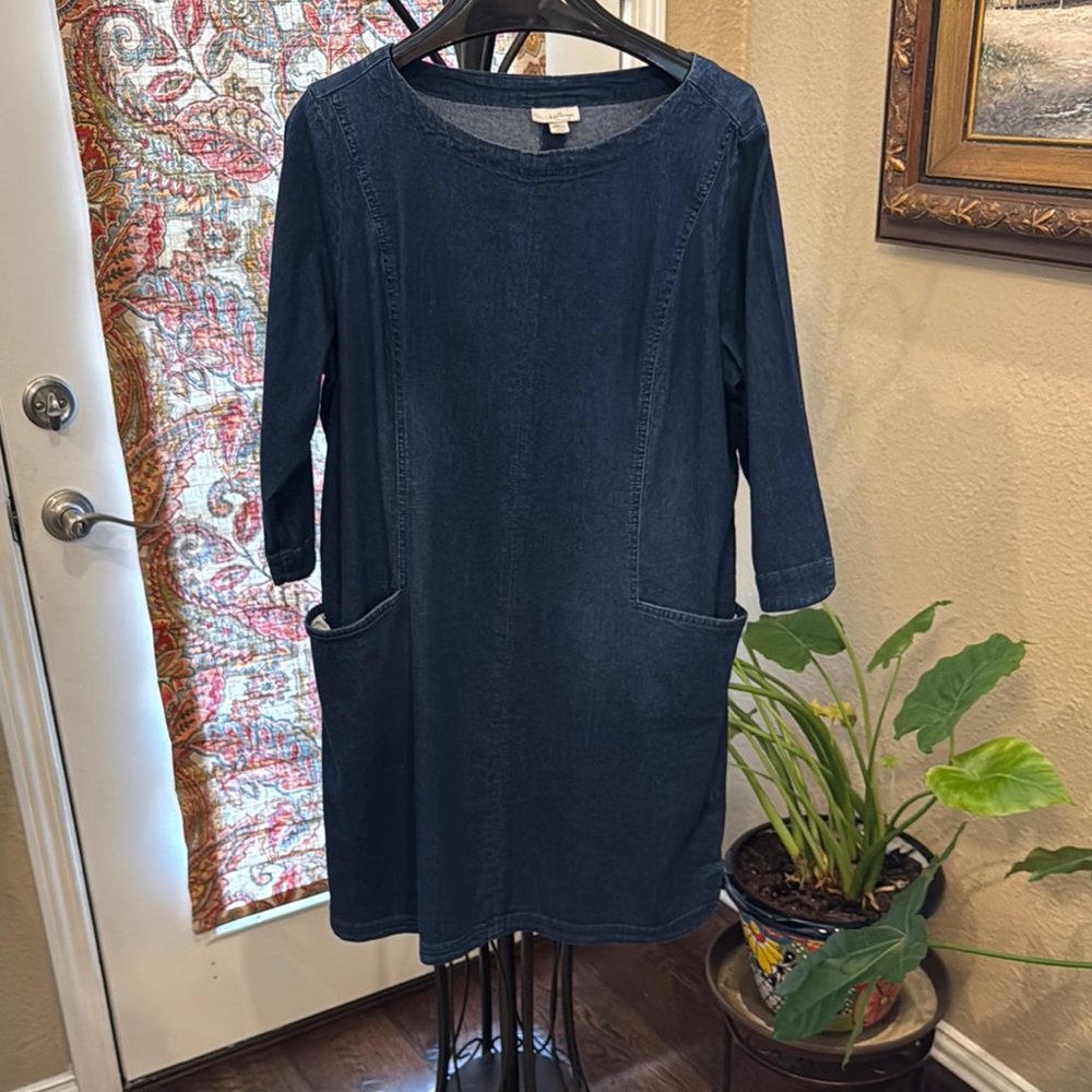 J. Jill Blue Sheath Denim Dress 3/4 Raglan Sleeves Crew Neck